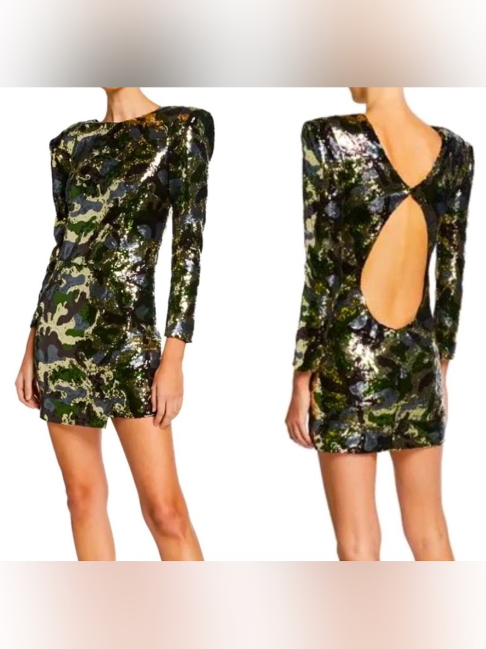 Dundas Sequin Camouflage Open Back Mini Dress US 6 IT 42 Luxury Glam Avant Garde